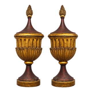 Large Italian Neo-Classical Style Gilt and Gesso Painted Wall Mounted Urns -Pair For Sale