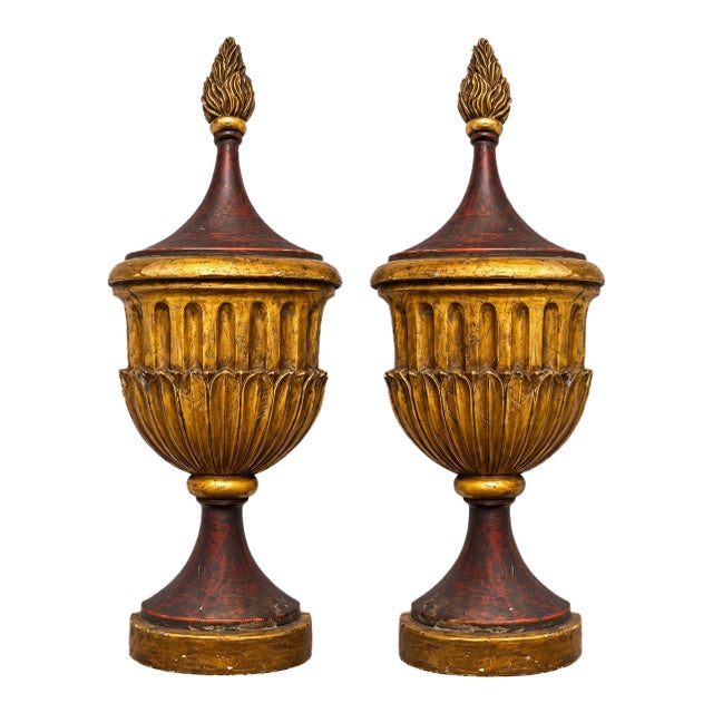 Large Italian Neo-Classical Style Gilt and Gesso Painted Wall Mounted Urns -Pair For Sale