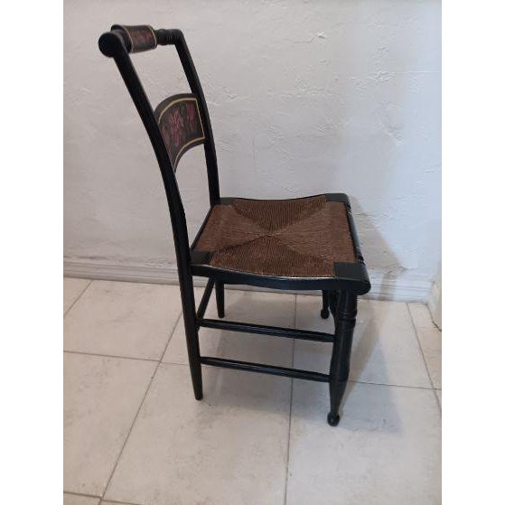 Traditional Antique Wood Black Color Chair Straw Seat With Painted Flower For Sale - Image 3 of 6