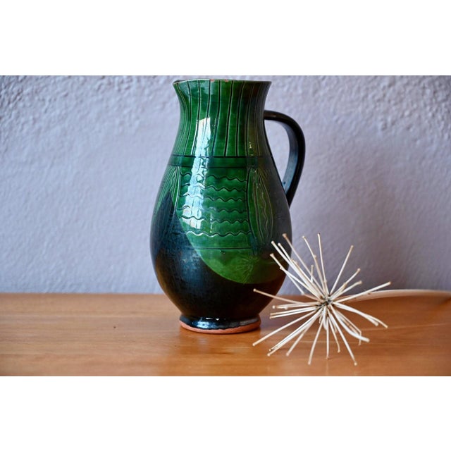 20th Century Bohemian Pitcher in Glazed Terracotta and Deep Green Sgraffito, 1950s For Sale - Image 9 of 9