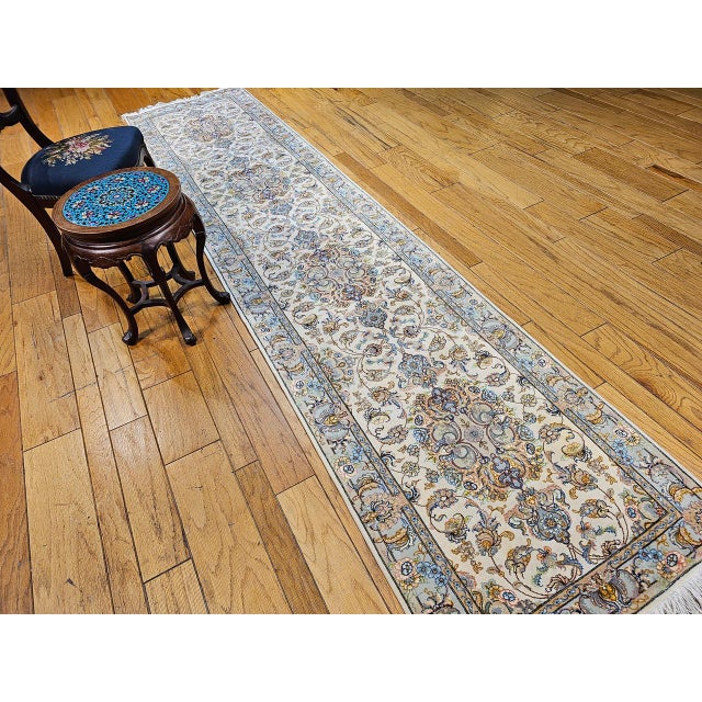 Fine Tabriz Runner, Hand-Knotted Wool & Silk, Floral Medallion Pattern, Ivory & Pale Sage, 3x13 For Sale In Chicago - Image 6 of 15
