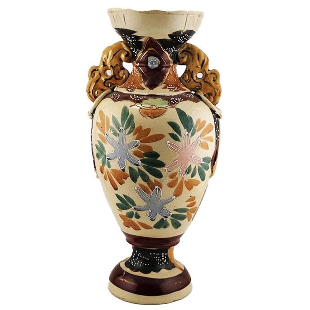 Vintage Japanese Satsuma style earthenware vase featuring a colorful scene with a seated noblewoman and intricate raised...