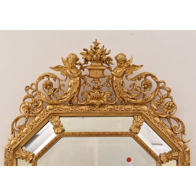 Antique Louis Philippe Octagonal Gold Leaf Wall Mirror with Avec Flowers and Cherubs, Mirror, 19th Century For Sale - Image 5 of 11