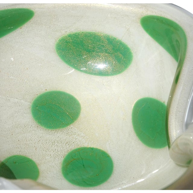 Glass Vintage Murano Barbini Gold Flecks Green Spots White Italian Art Glass Folded Rim Ashtray Bowl Dish For Sale - Image 7 of 10