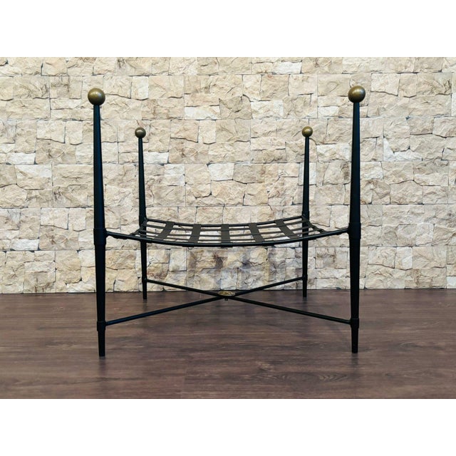 New Black Wrought Iron Curule Bench with Damask Gold & White Fabric For Sale - Image 14 of 18