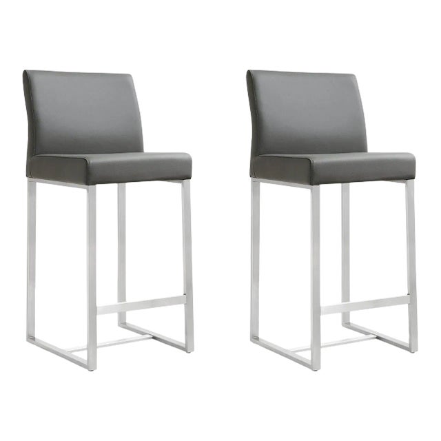 Denmark Grey Vegan Leather & Steel Counter Stools - Set of 2 For Sale