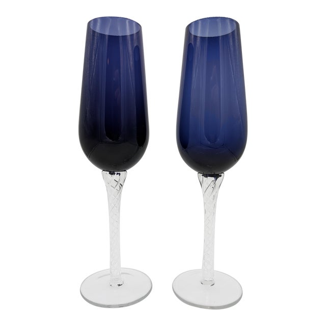 Pair of Hand Blown Amethyst Purple Champagne Glasses With Air Twist