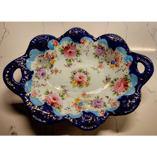 Blue Nippon Moriage Hand Painted Cobalt Blue Gilt Floral Oval Porcelain Dish 1910-30s For Sale - Image 8 of 8