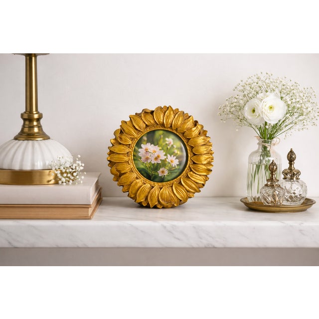 Striking antique sunflower picture frame featuring a deeply molded circular floral design with radiating petals. The frame...