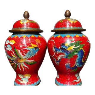 Pair of Vintage Chinese Cloisonné Enamel "Dragon & Phoenix" Covered Jars With "Xuan" Mark For Sale