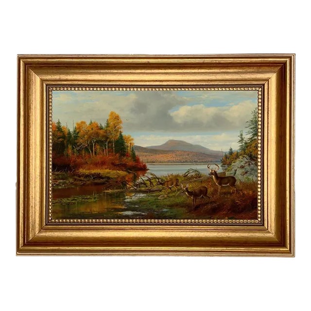 Deer in Autumn Landscape Framed 7x11" Oil Painting Print on Canvas For Sale