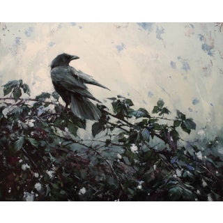First Snow by Lindsey Kustusch | Oil On Panel Raven perched on a bush in a snowy landscape. For Sale