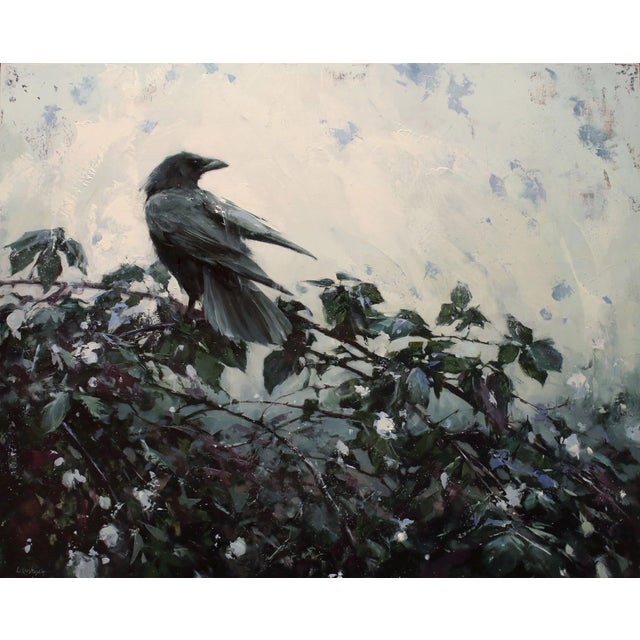 First Snow by Lindsey Kustusch | Oil On Panel Raven perched on a bush in a snowy landscape. For Sale