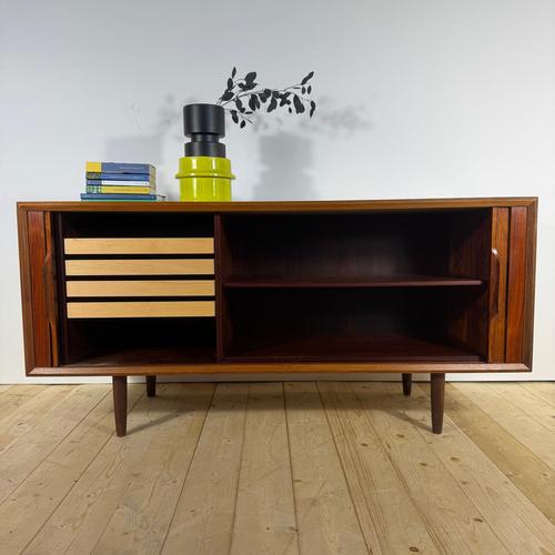 Brown Mid-Century Scandinavian Teak Sideboard with Retractable Doors For Sale - Image 8 of 15