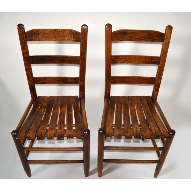 Pair of Mid-20th Century Handmade Solid Oak Ladder Back Side Bistro Dining Chairs For Sale - Image 11 of 12