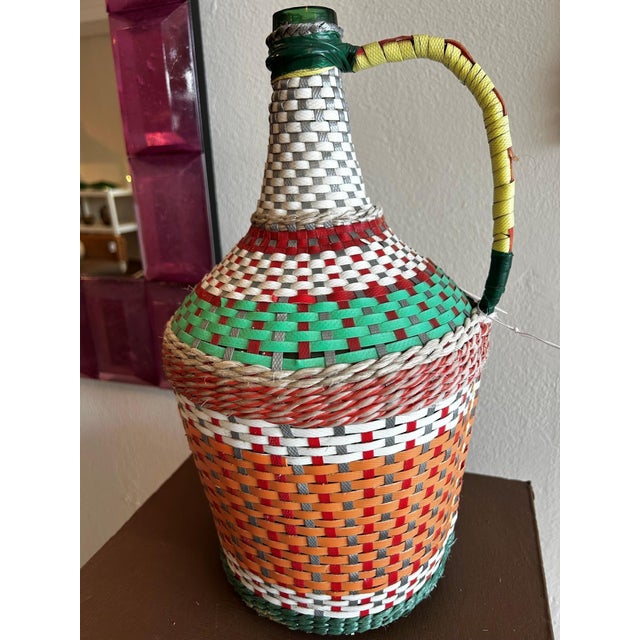 Mid 20th Century Vintage Orange, Green & White Woven Demijohn Bottle – 15” For Sale - Image 5 of 5