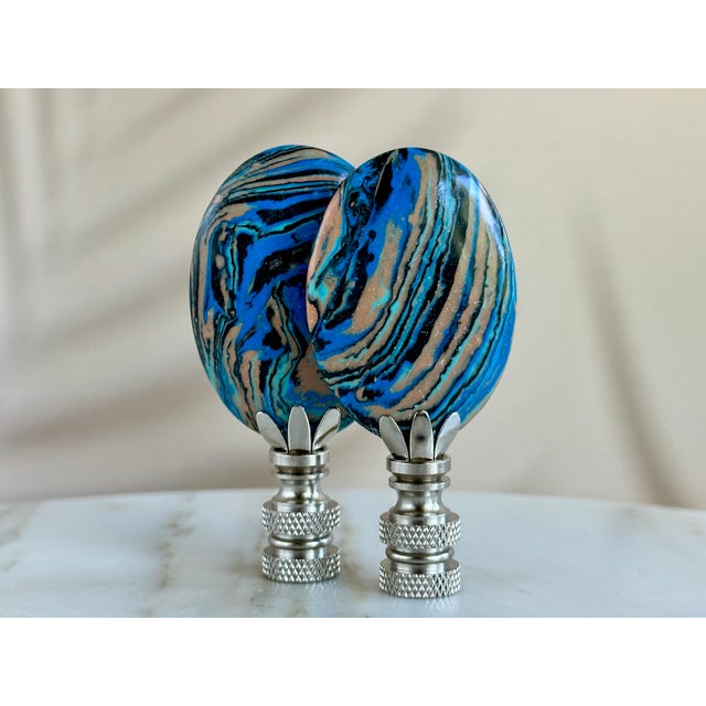Swirled Beach Blue Lamp Finials on Chrome Hardware - a Pair For Sale - Image 4 of 4