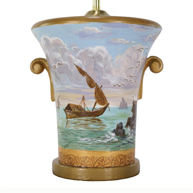 Wood Vintage Hand-Painted Nautical-Themed Wooden Urn-Shaped Table Lamps - Pair For Sale - Image 7 of 12
