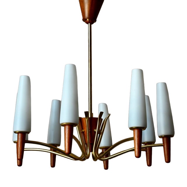 Mid-Century Scandinavian 8-Arm Chandelier in Teak, Brass and Opaline Glass, 1950s For Sale