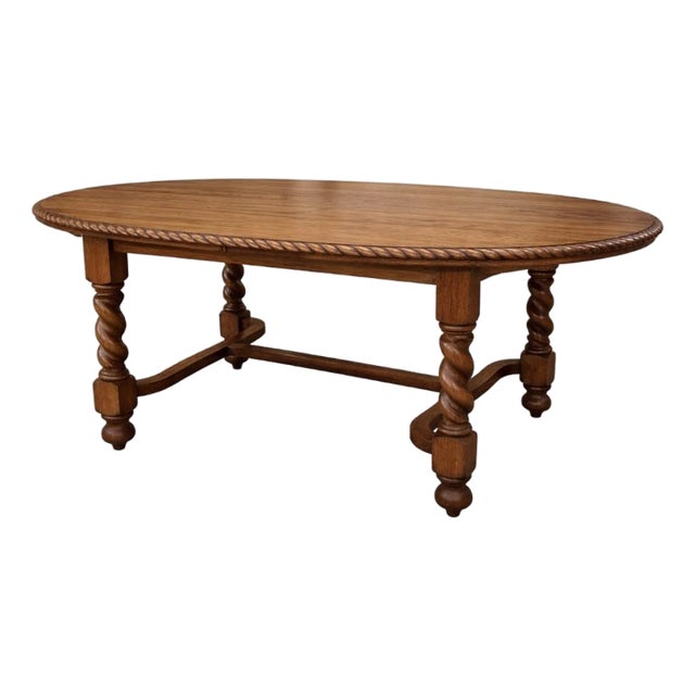Vintage English Oak Barley Twist Oval Dining / Library Table For Sale