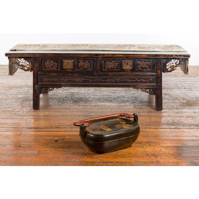 Chinese Vintage Black Lacquer Lidded Box with Hand-Painted Chinoiserie Décor For Sale In New York - Image 6 of 12