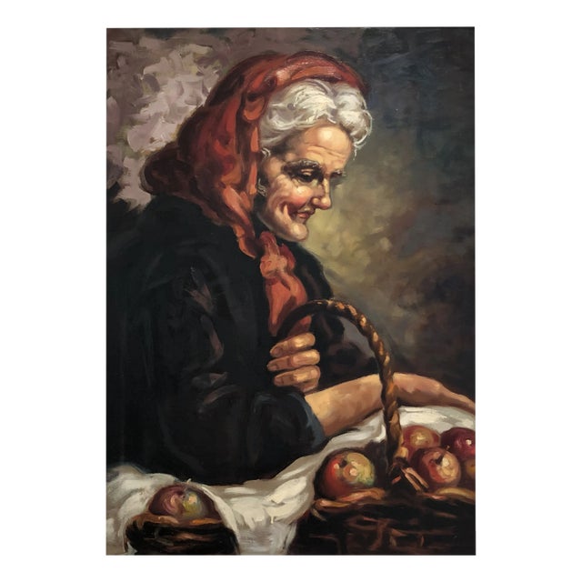 Alberto Cecconi, Woman with a Basket of Apples, Oil on Canvas, 1960s, Framed For Sale