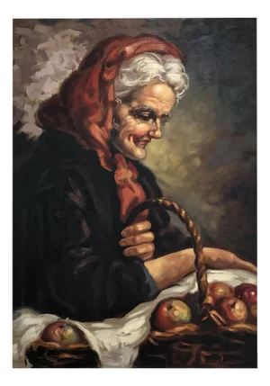 Alberto Cecconi, Woman with a Basket of Apples, Oil on Canvas, 1960s, Framed