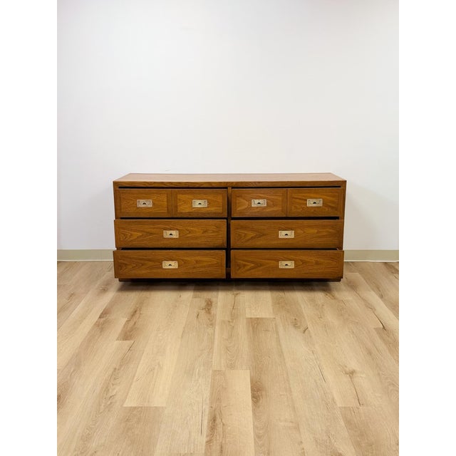 Wood Vintage MCM Dixie Act 2 Campaign Style Dresser Brass Pulls Warm Wood Tone Lowboy For Sale - Image 7 of 14