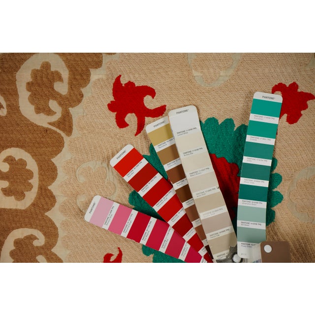 Suzani Tablecover – Tan Beige Textile With Emerald & Red Boho Details 3'9'' X 4'2'' For Sale - Image 10 of 10