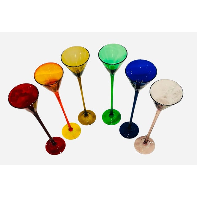 Glass Vintage Colorful Stemware 10" Tall Glass Flutes Set of 6 For Sale - Image 7 of 10