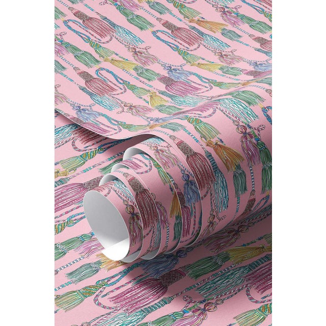 Tassel Trellis Grasscloth Wallpaper by House Party | Patina Pink | 6 Yards For Sale - Image 9 of 9