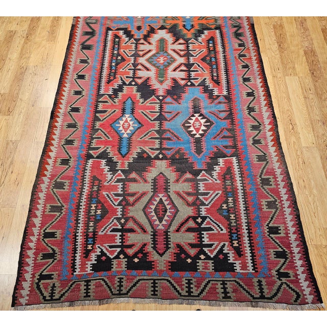 Antique Caucasian Kazak Kilim, Handwoven Wool, Geometric Design, Terracotta & Turquoise, 6' x 11' For Sale - Image 17 of 18