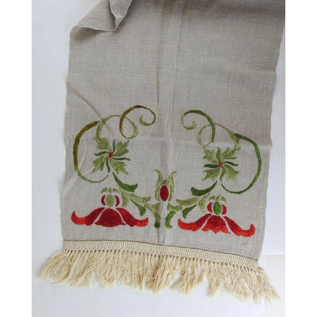Rustic Vintage Arts and Crafts Embroidered Linen Table Runner For Sale - Image 3 of 6
