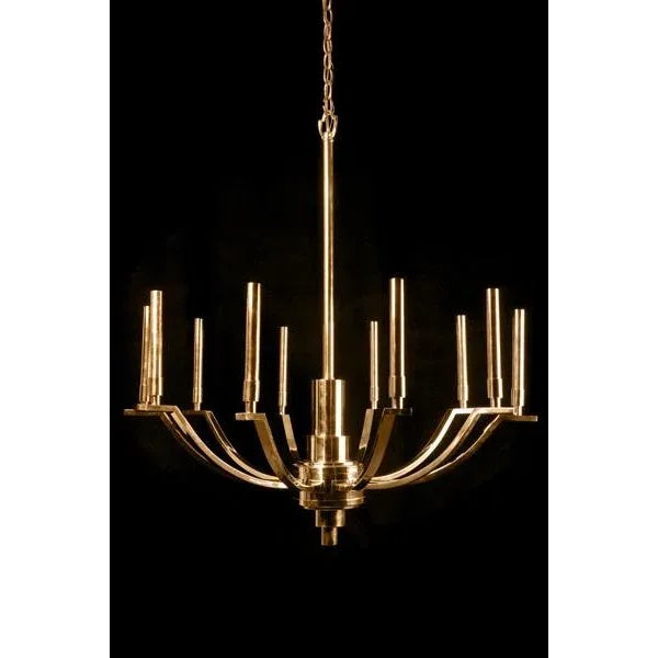 10 Light chandelier with cast bent rectangular tubed arms and wells receding from center.