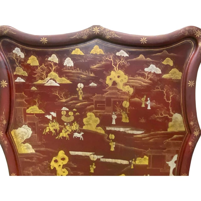Chinoiserie Chinese Ox Blood Red Brown Lacquer Golden Scenery Square Tray Display Art For Sale - Image 3 of 5