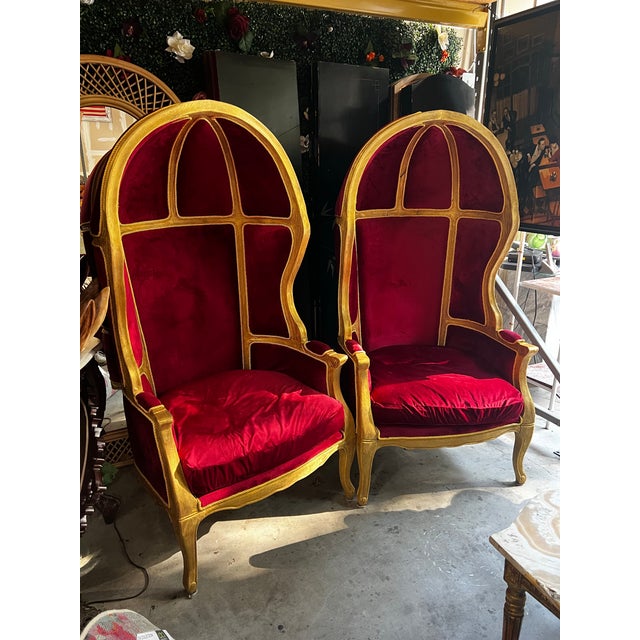 Baroque 1970s Pair of Gold Trim Red Baroque Porters Chairs For Sale - Image 3 of 12