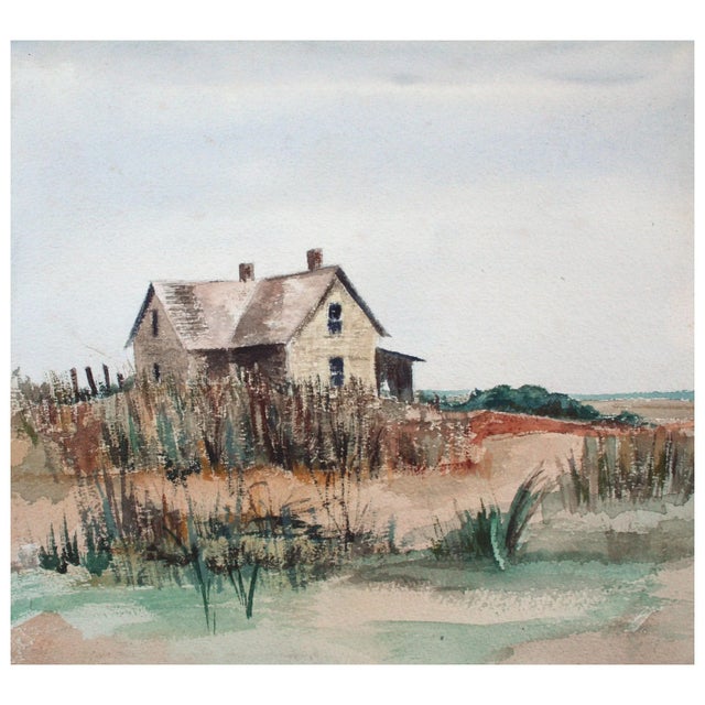 Late 20th Century Unknown Barn by the Sea Beachy Watercolor Landscape Late 20th Century For Sale - Image 5 of 5