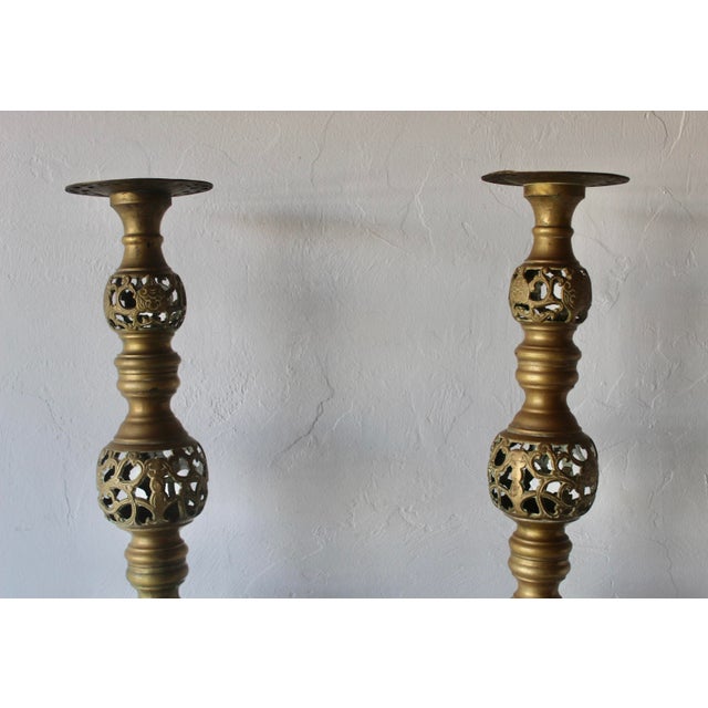 Vintage Altar Size Pierced Brass Floor Candlestick Holders Ornate Reticulated Design Mid Century For Sale - Image 4 of 15
