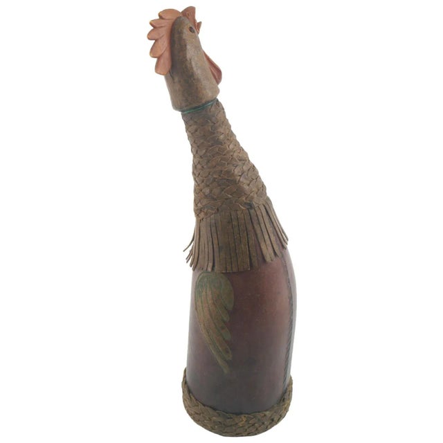 Midcentury old collection bottle covered in leather in the shape of a rooster, coming from the Caffè Pedrocchi- Padova -...