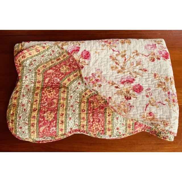 Vintage French Boutis Throw Quilt, Hand-Printed Garden Roses & Stripe Reverse, Scalloped Edge, Paris Flea Market, Circa 1950s For Sale - Image 11 of 15