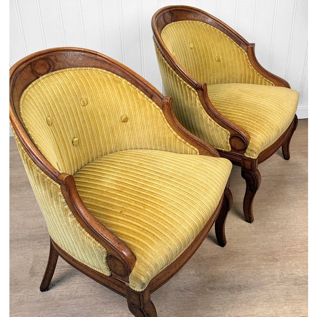 Vintage Neoclassical Gold Stripped Mahogany Barrel Club Chairs - A Pair For Sale - Image 6 of 11