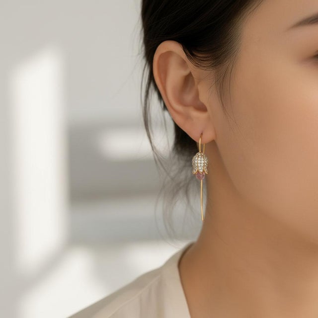 Silver, Gold Lily Flower Earrings With Pink Quartz Briolettes, Pair For Sale - Image 9 of 10