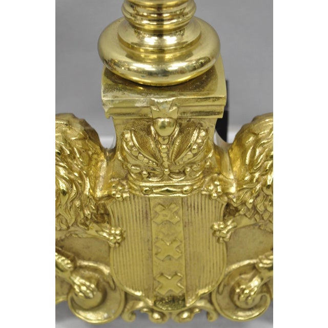 Mid 20th Century French Empire Renaissance Brass Lion Coat of Arms Cannonball Andirons - A Pair For Sale - Image 10 of 14