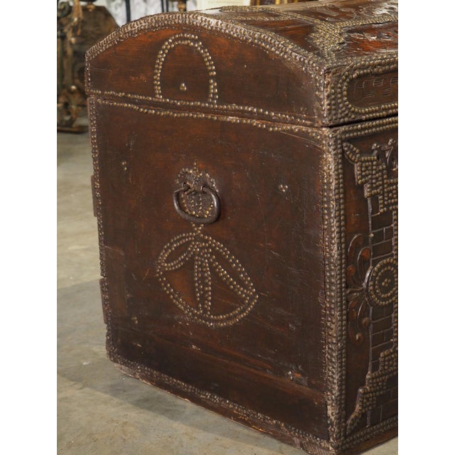 Brown A Fascinating 17th Century Carved and Iron Studded French Trunk, Dated 1632 For Sale - Image 8 of 18