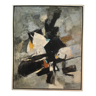 Vintage 1980s Abstract Expressionist Oil Painting — Black, White & Gold, Framed, 75x65cm For Sale