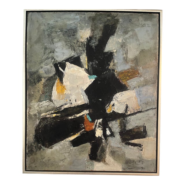 Vintage 1980s Abstract Expressionist Oil Painting — Black, White & Gold, Framed, 75x65cm For Sale