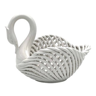 Vintage Shafford White Ceramic Basketweave Swan Planter Bowl Centerpiece For Sale