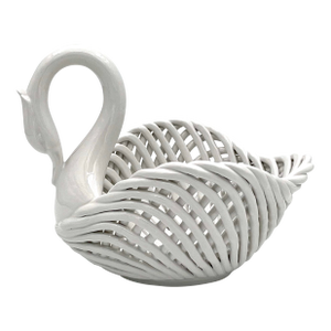 Vintage Shafford White Ceramic Basketweave Swan Planter Bowl Centerpiece