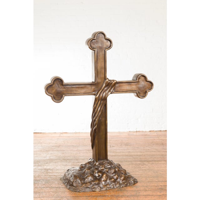 Metal Contemporary Bronze Religious Cross with Trifold Extremities and Rocky Base For Sale - Image 7 of 12