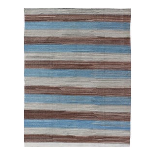 Kilim Rug With Horizontal Stripes in Blue, Brown, and Soft Gray 8'4 X 11'10 For Sale